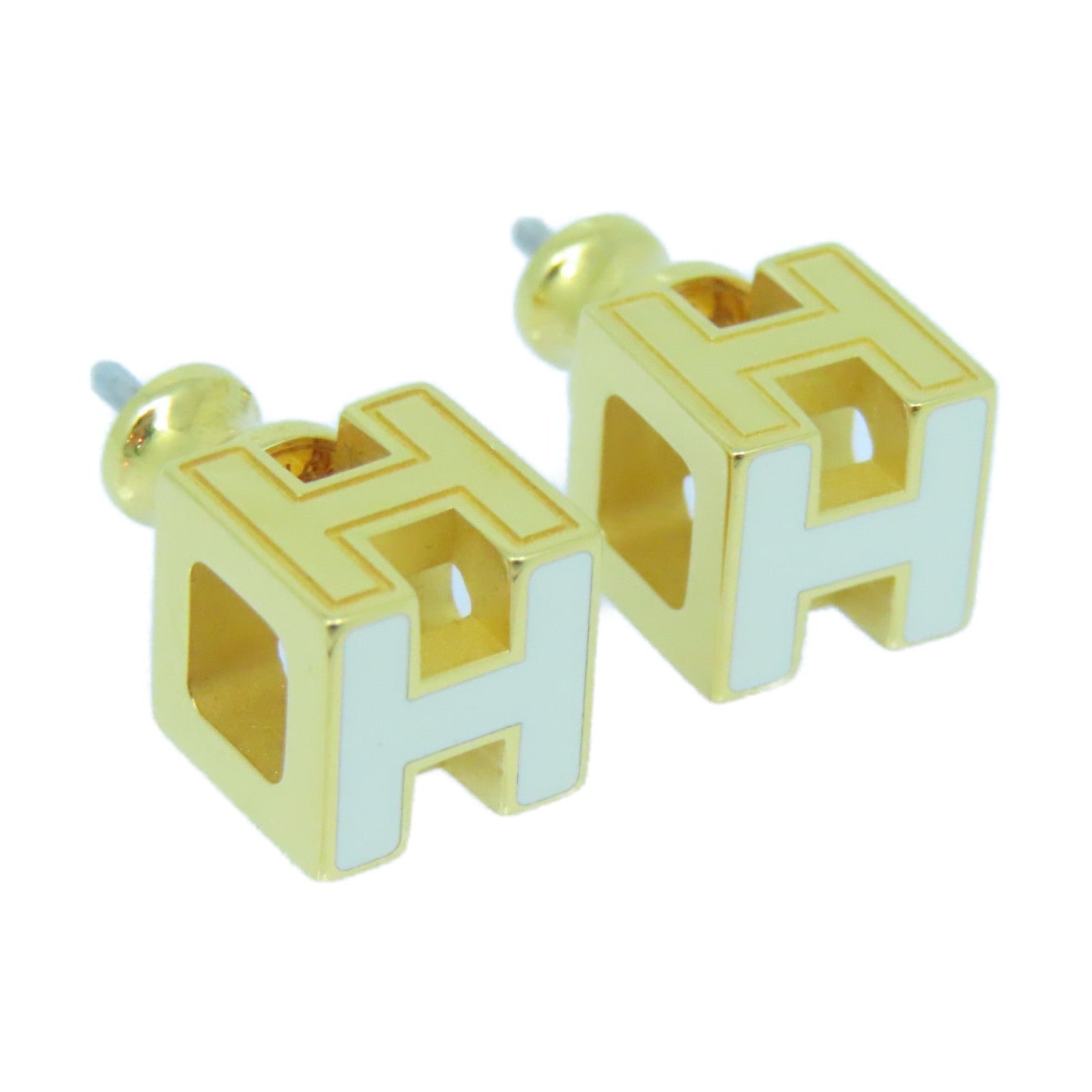 Hermès Gold Plated White Enamel Cube H Earrings
