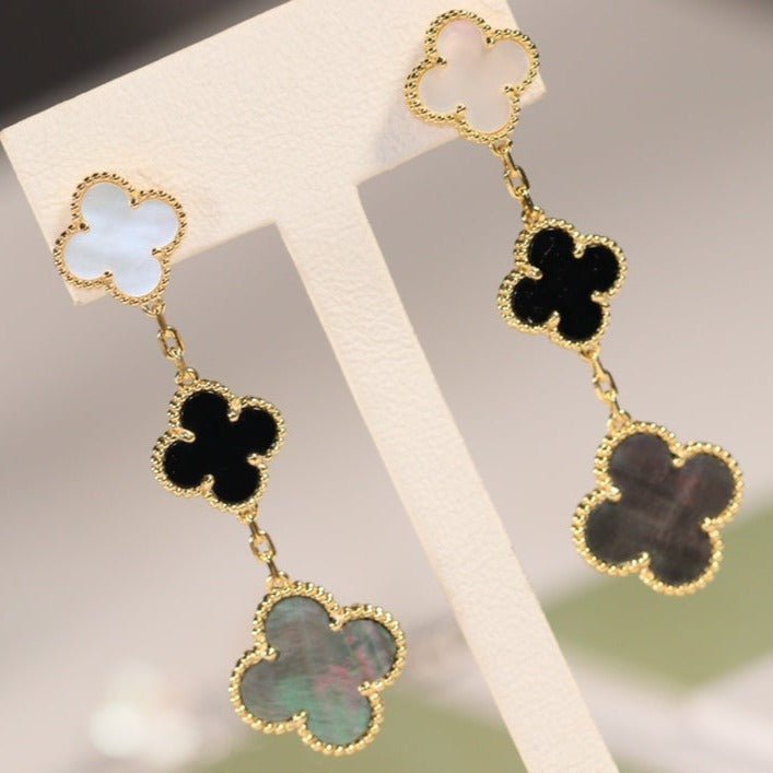 Alternative view of 3 Motif Onyx MOP Three Clover Drop Gold Earrings