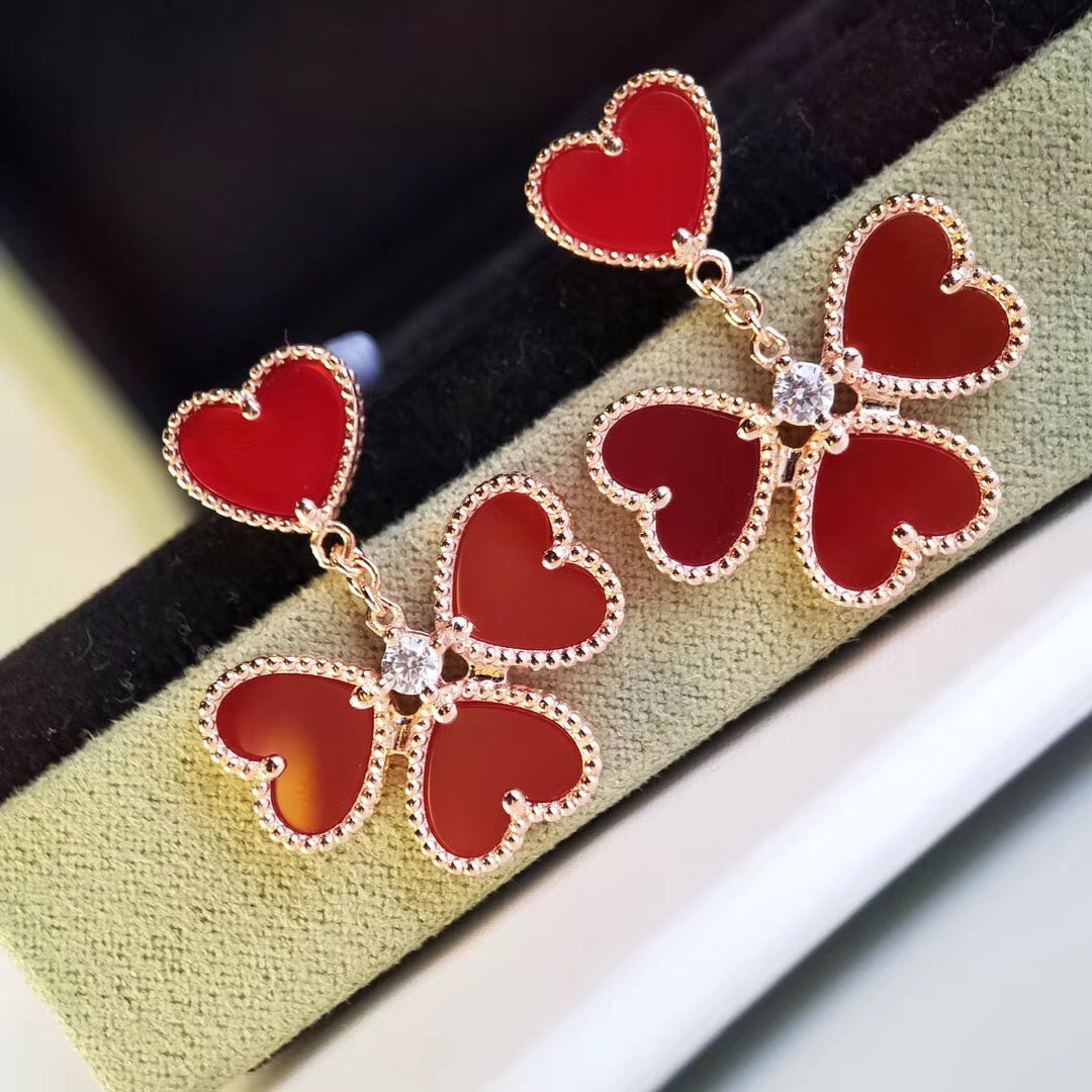 Alternative view of Red Carnelian Heart Clover Drop Rose Gold Earrings