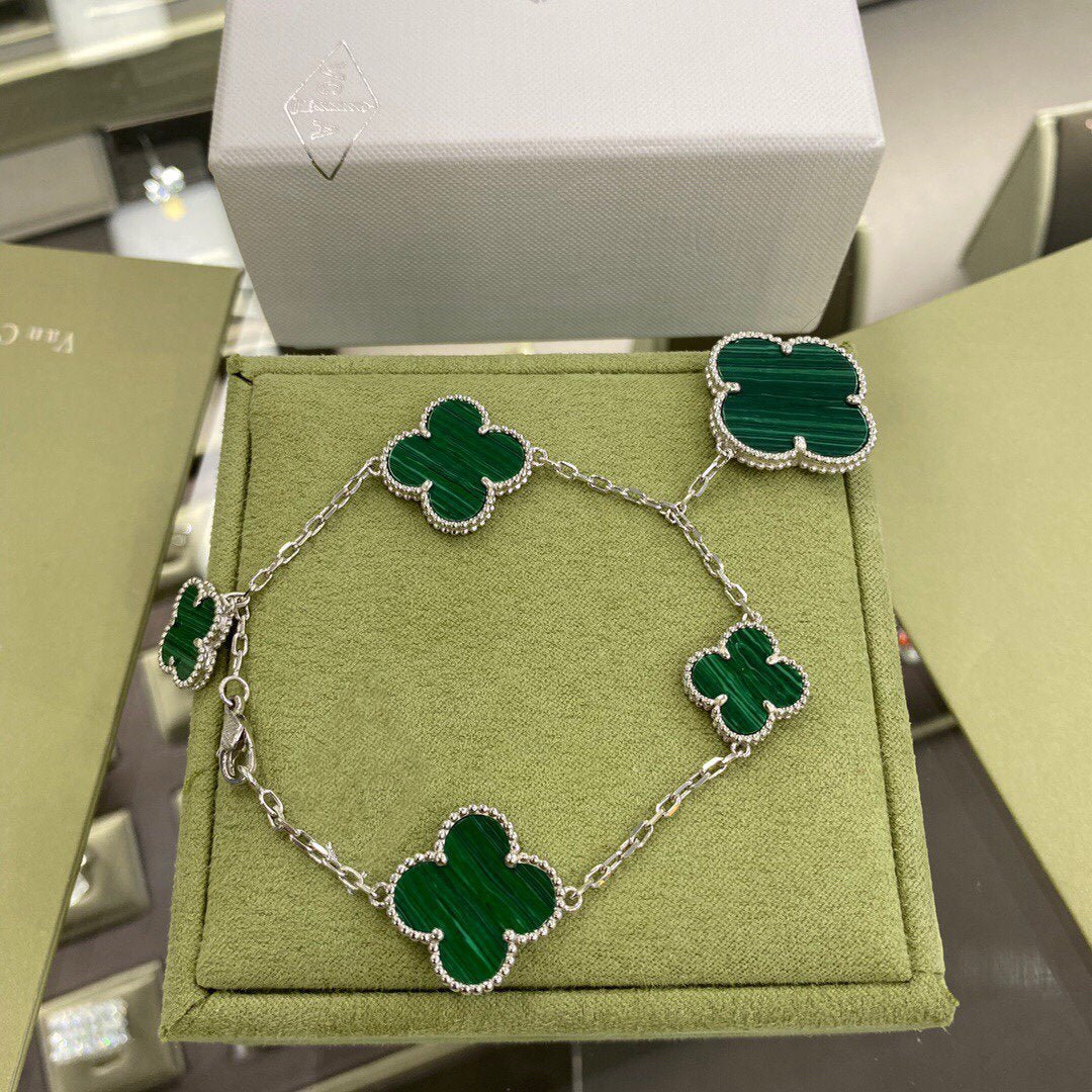 Van Cleef VA 5 Motifs Silver Malachite Bracelet