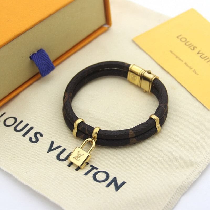 LV Double Wrap Leather Gold Lock Bracelet - Image 5