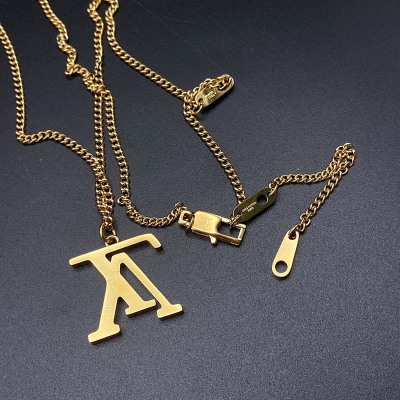 LV Gold Cuban LV Pendant Chain Necklace - Image 10