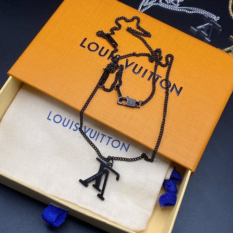 LV Gold Cuban LV Pendant Chain Necklace - Image 5