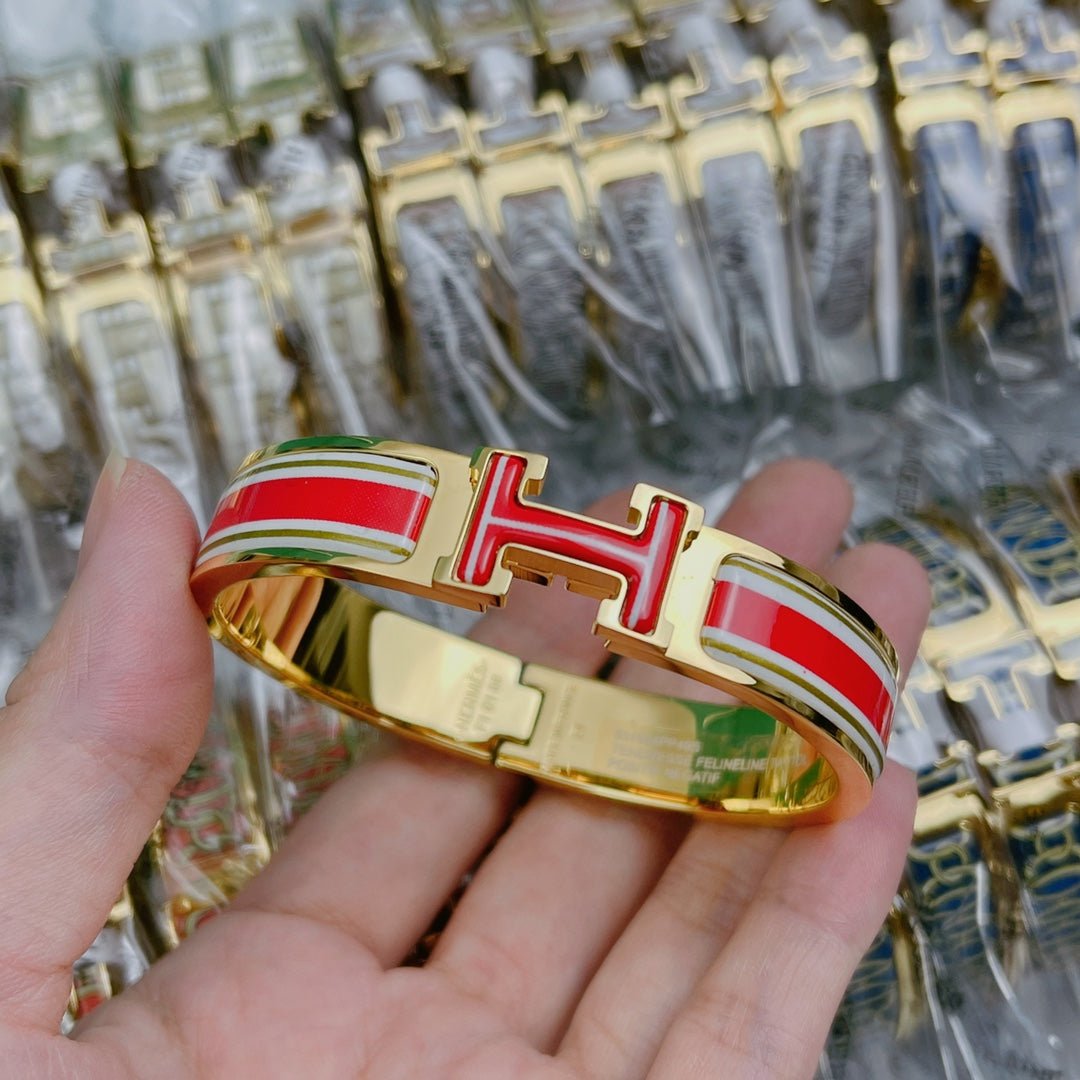 Hermès Gold Plated Red Striped Bracelet - Image 10