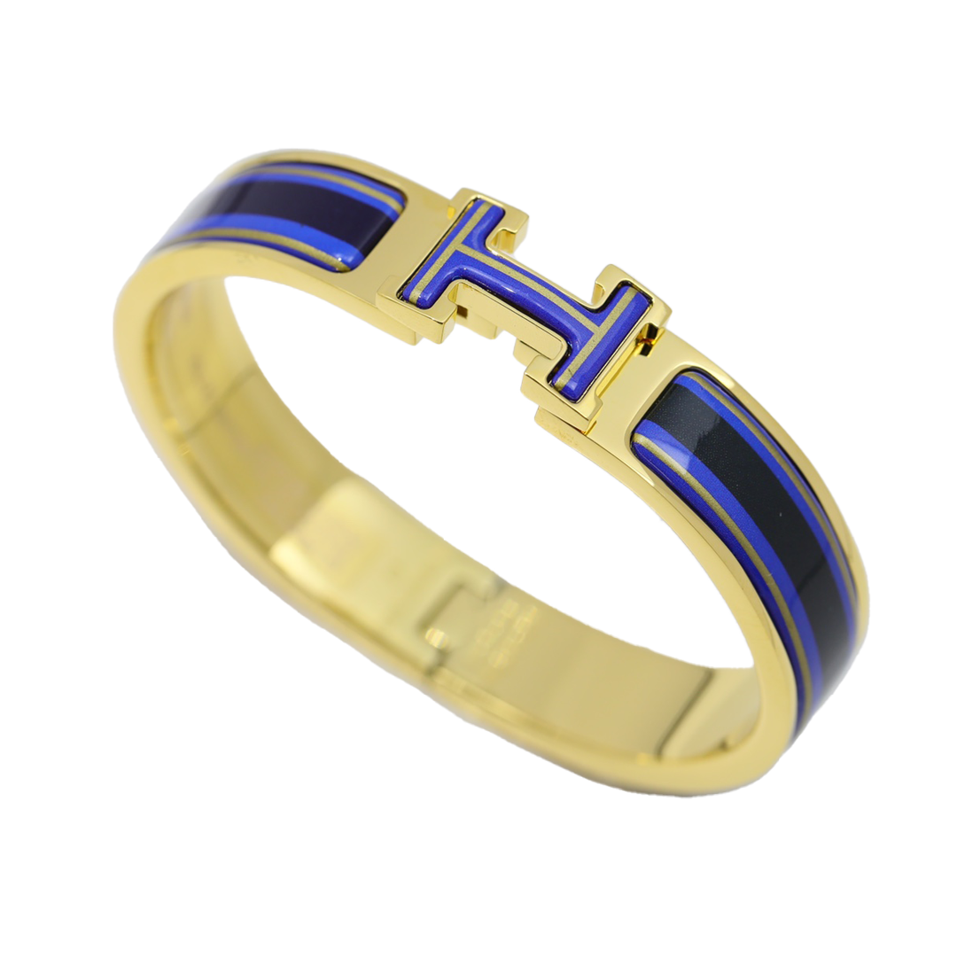 Hermès Gold Plated Blue Striped Enamel Bracelet
