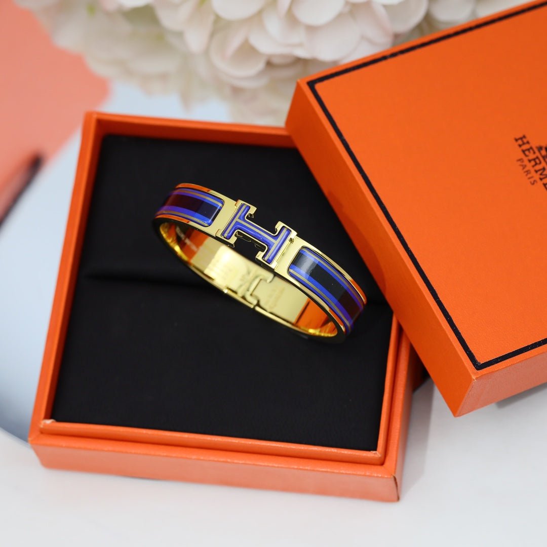Hermès Gold Plated Blue Striped Enamel Bracelet - Image 4