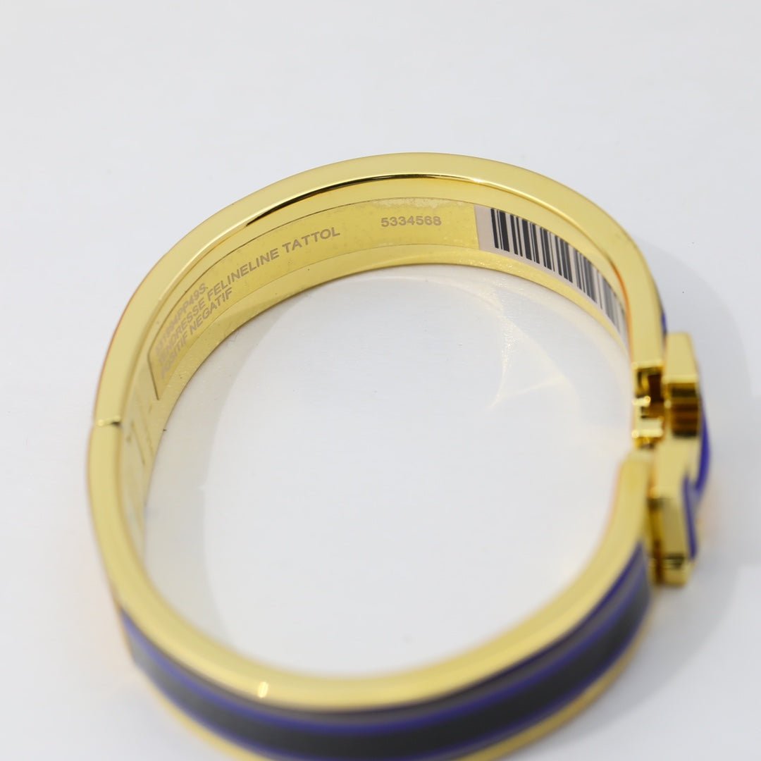 Hermès Gold Plated Blue Striped Enamel Bracelet - Image 5