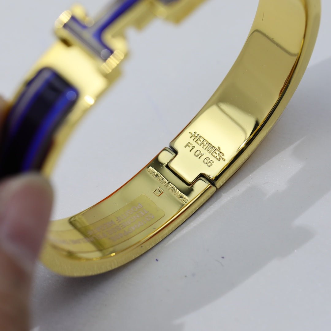 Hermès Gold Plated Blue Striped Enamel Bracelet - Image 6