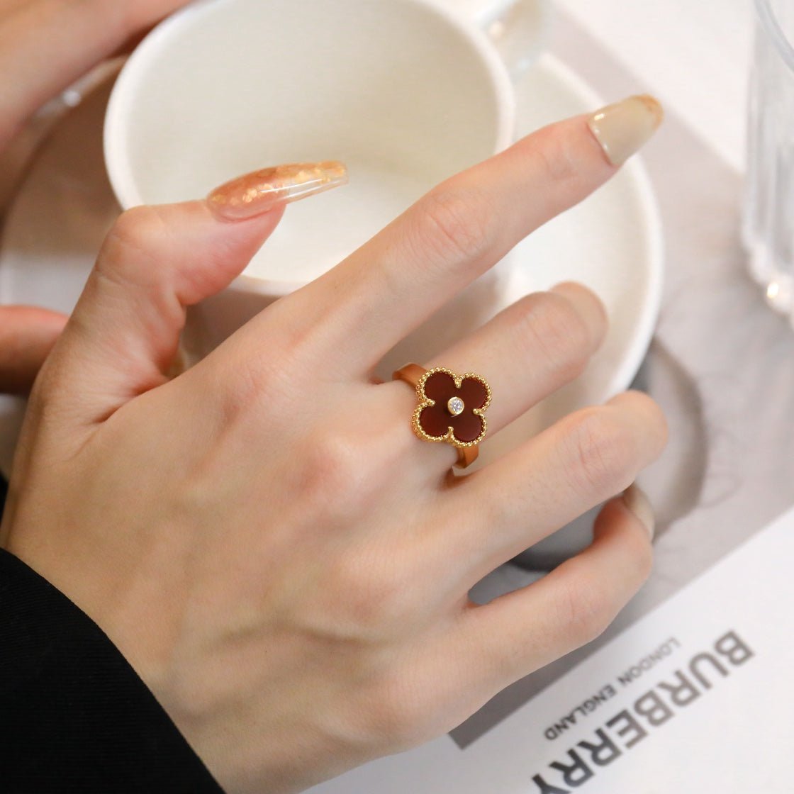 Alternative view of Red Carnelian Clover Rose Gold Diamond Ring