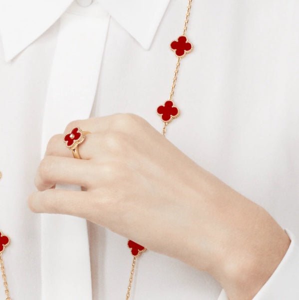 Red Carnelian Clover Rose Gold Diamond Ring - Image 3