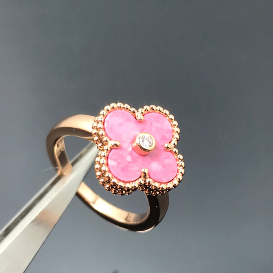 Pink Rhodonite Clover Rose Gold Diamond Ring