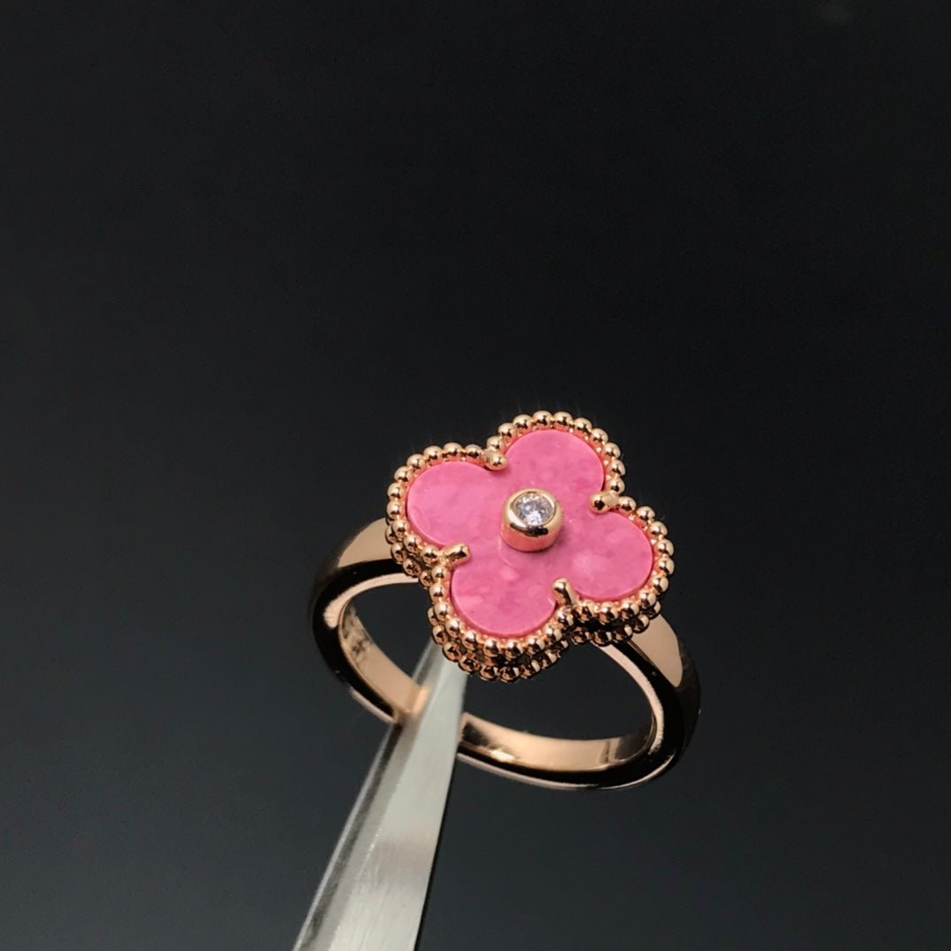 Alternative view of Pink Rhodonite Clover Rose Gold Diamond Ring