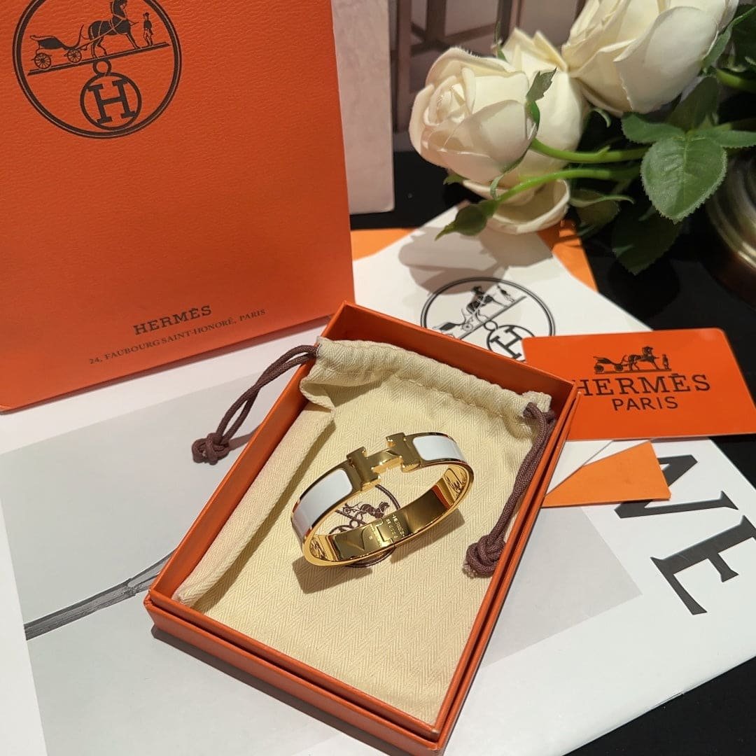 Alternative view of Hermès Clic H White Enamel & Gold Bangle
