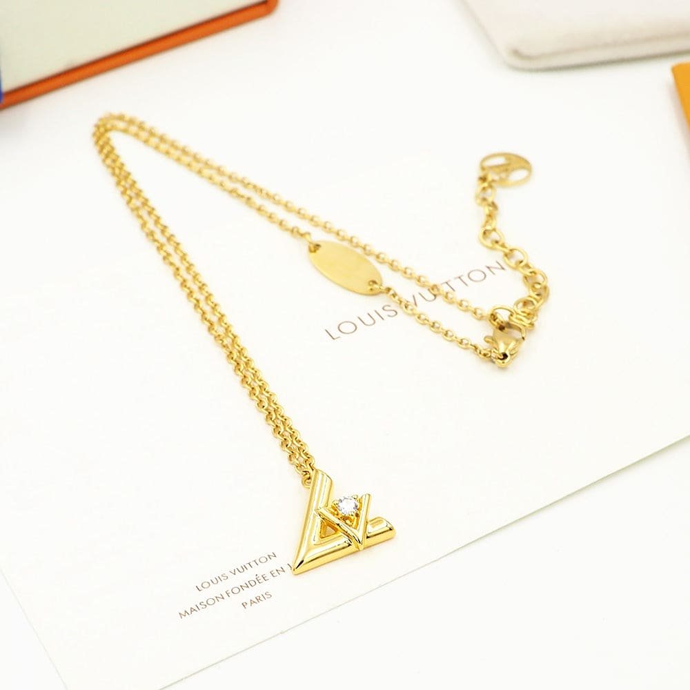 LV Gold Triangle Inset Diamond Thin Necklace - Image 9
