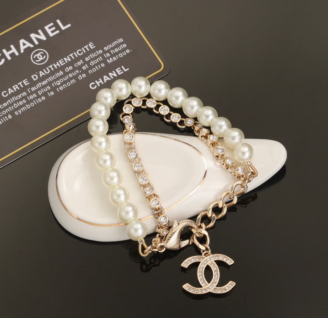 Chanel Gold Pearl Crystal Dual Chain Bracelet - Image 7