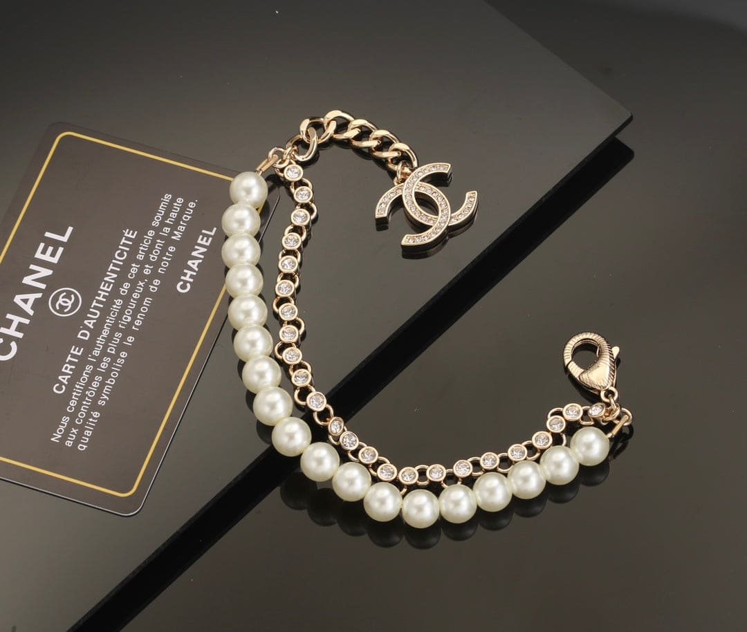 Chanel Gold Pearl Crystal Dual Chain Bracelet - Image 4