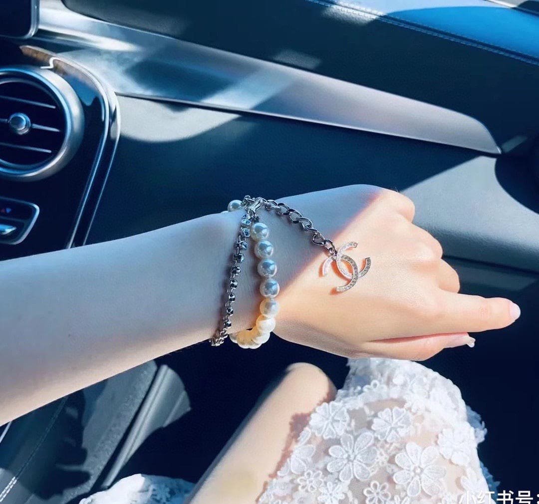 Chanel Gold Pearl Crystal Dual Chain Bracelet - Image 3