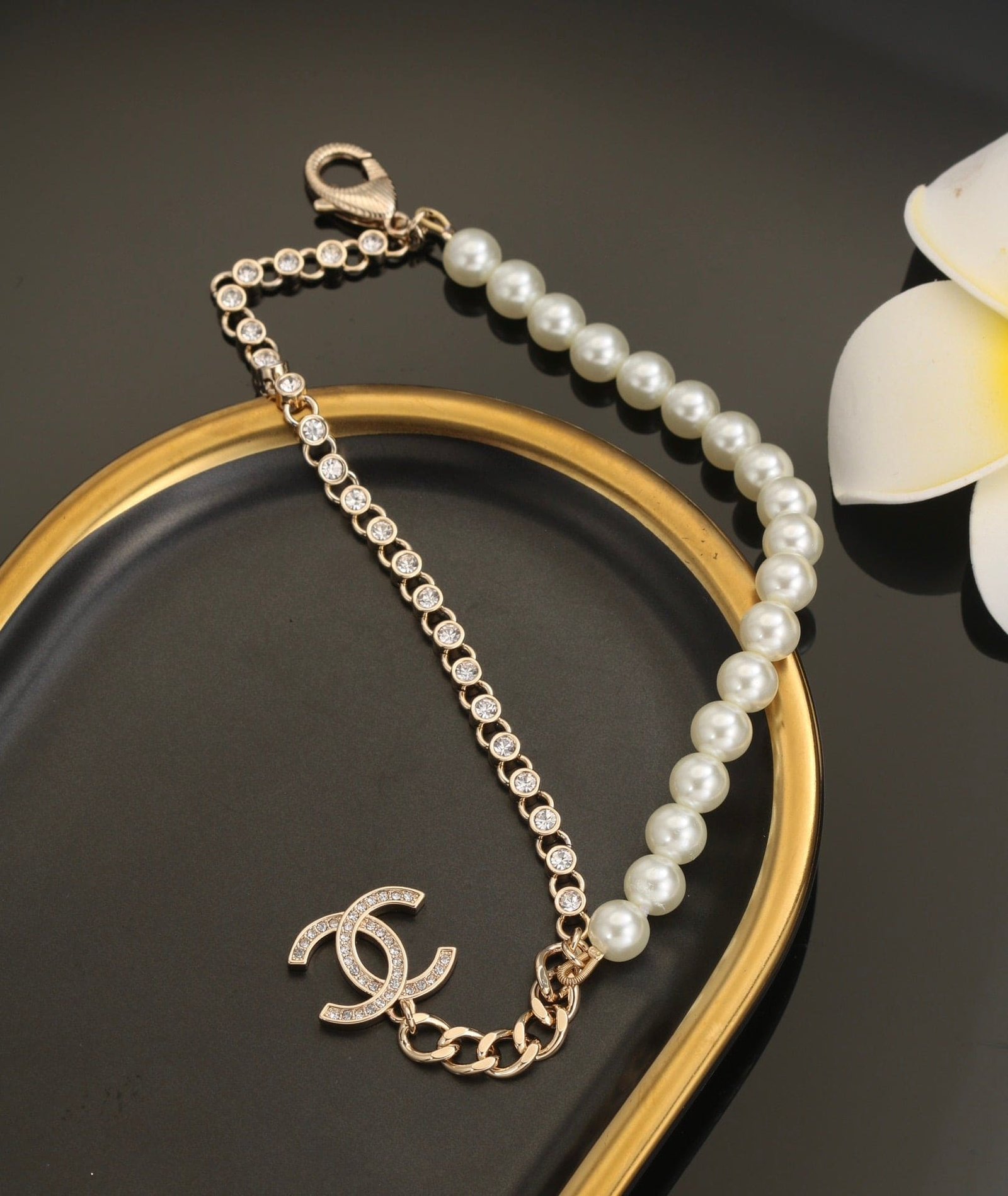 Chanel Gold Pearl Crystal Dual Chain Bracelet - Image 6