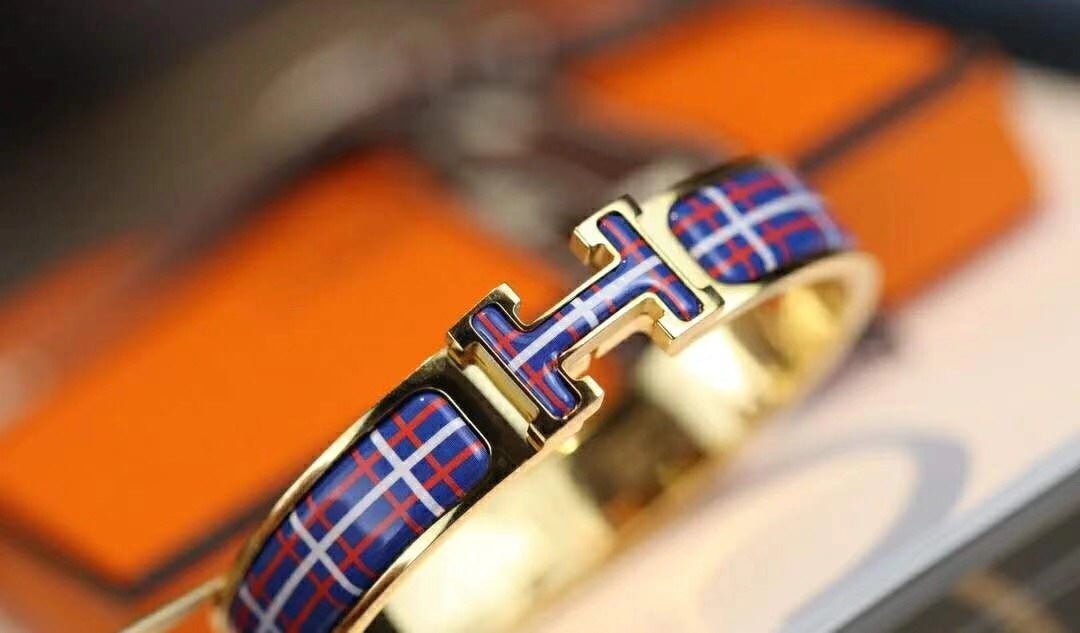 Hermès Gold Plated Tartan Print Enamel Bracelet