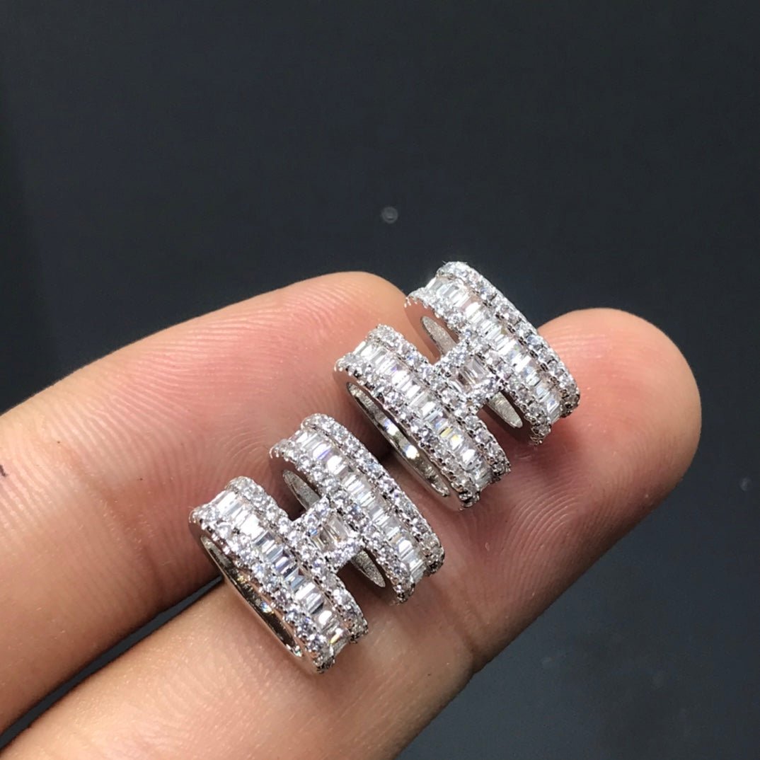 Hermès H Full Paved Diamond Silver Earrings - Image 16