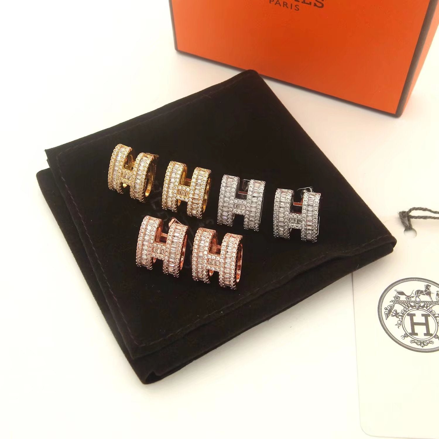 Hermès H Full Paved Diamond Silver Earrings - Image 12