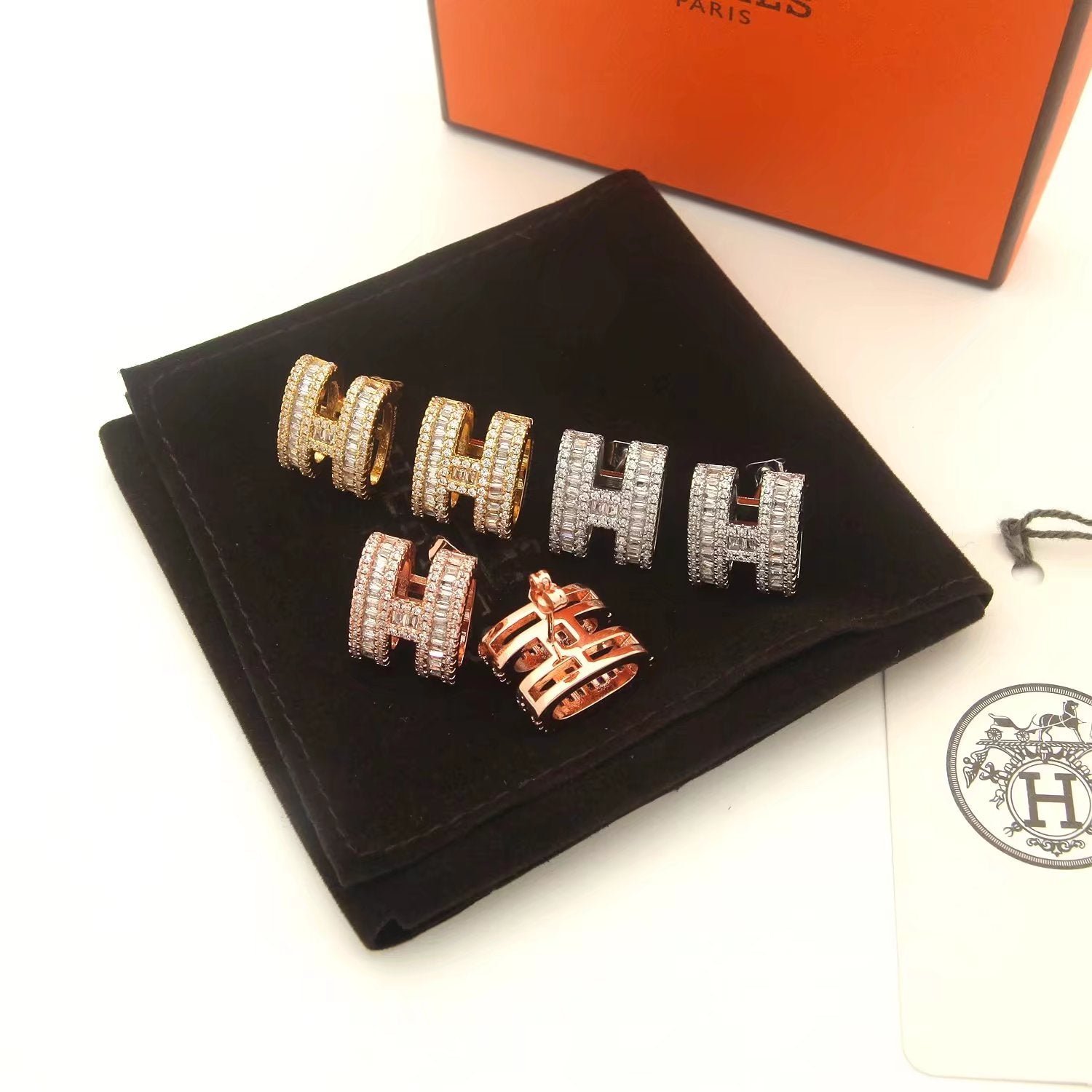 Hermès H Full Paved Diamond Silver Earrings - Image 13