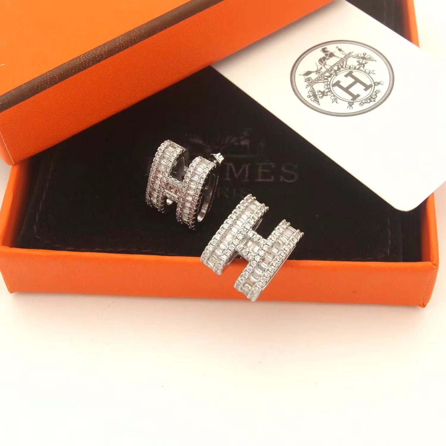 Hermès H Full Paved Diamond Silver Earrings - Image 7