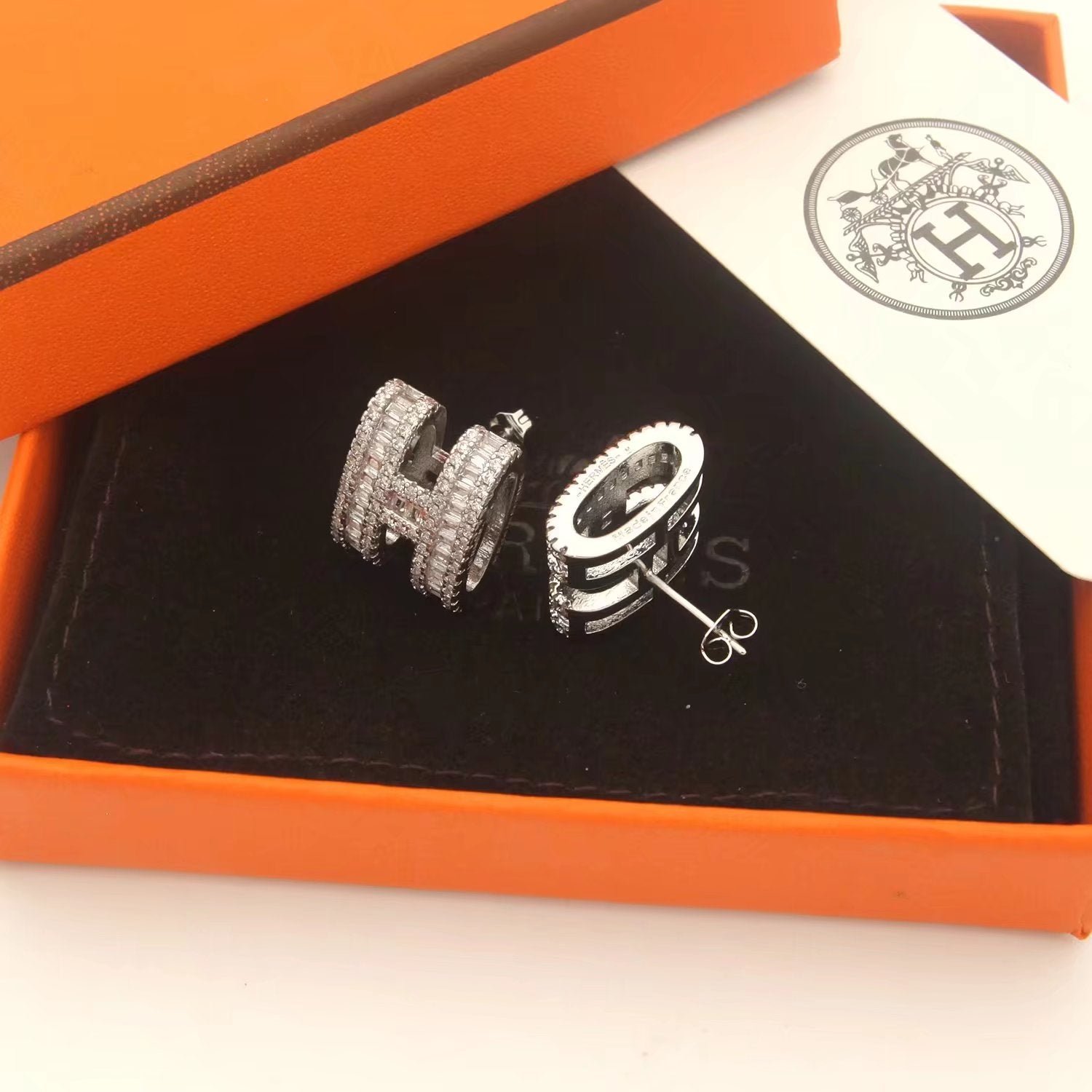 Hermès H Full Paved Diamond Silver Earrings - Image 9