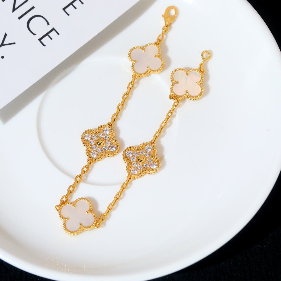 Van Cleef VA 5 Motifs Gold White MOP Diamond Bracelet - Image 4