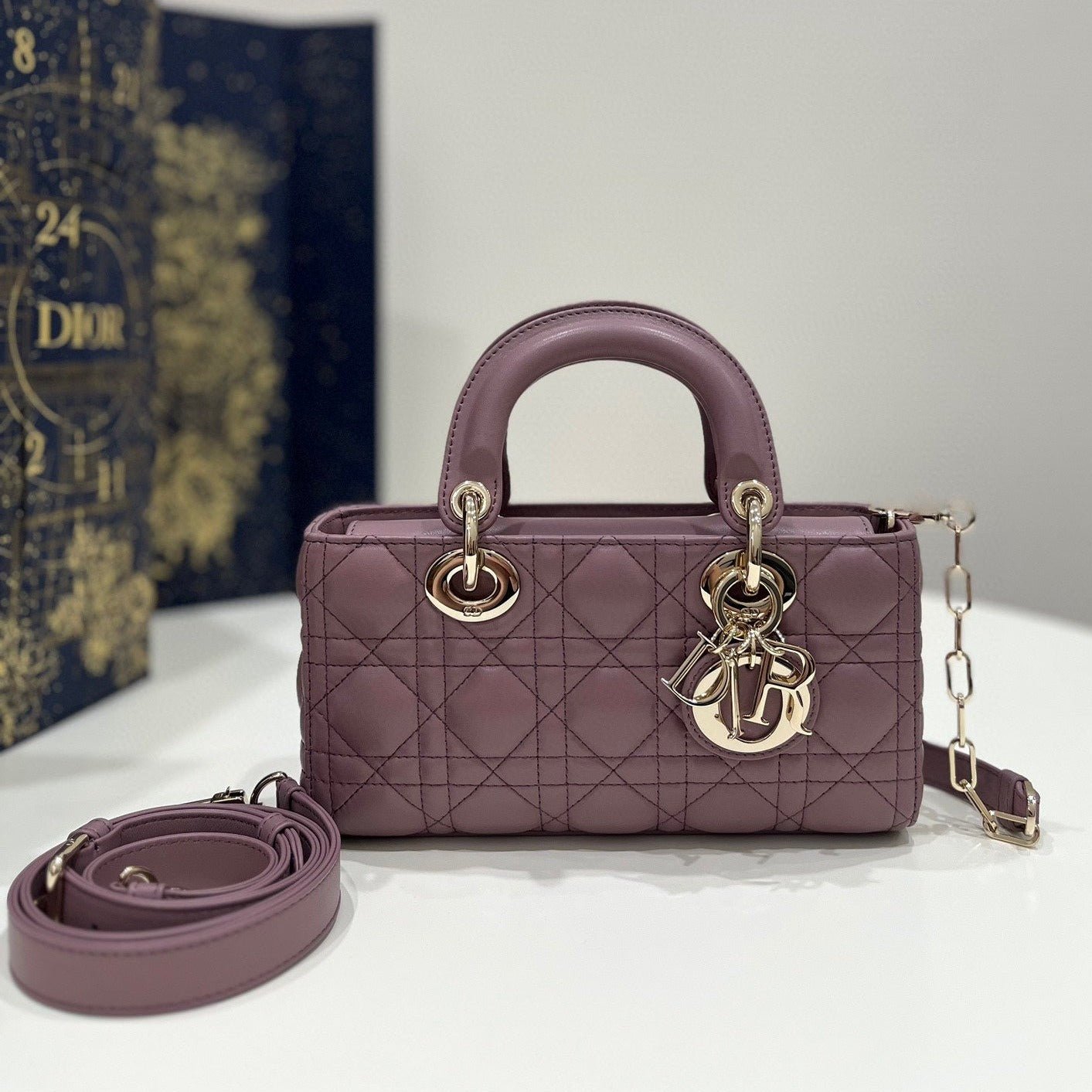 Dior Small Lady D-Joy Purple Lambskin Top Handle Bag