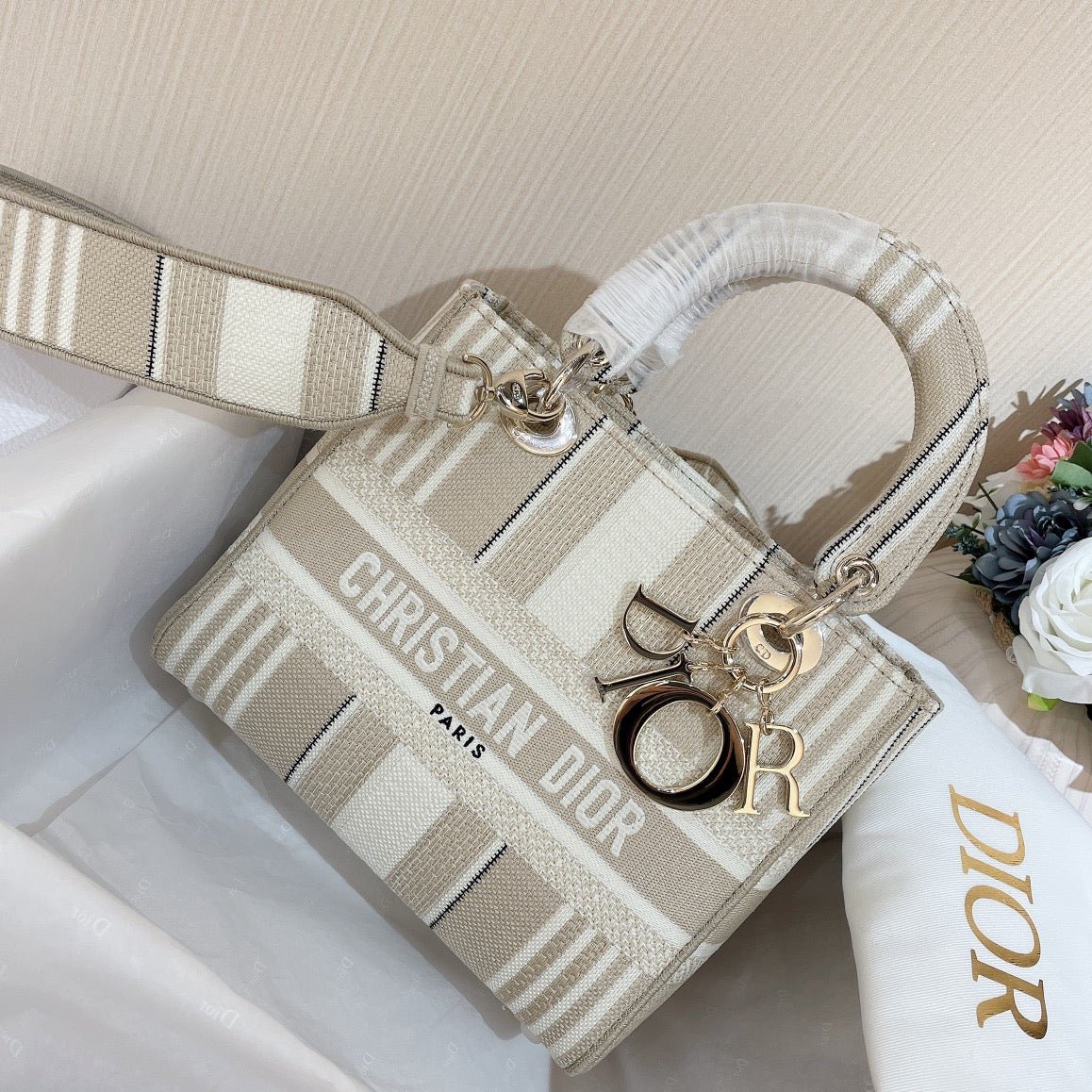 Dior Lady D-Lite Beige Stripes Embroidered Hand Bag