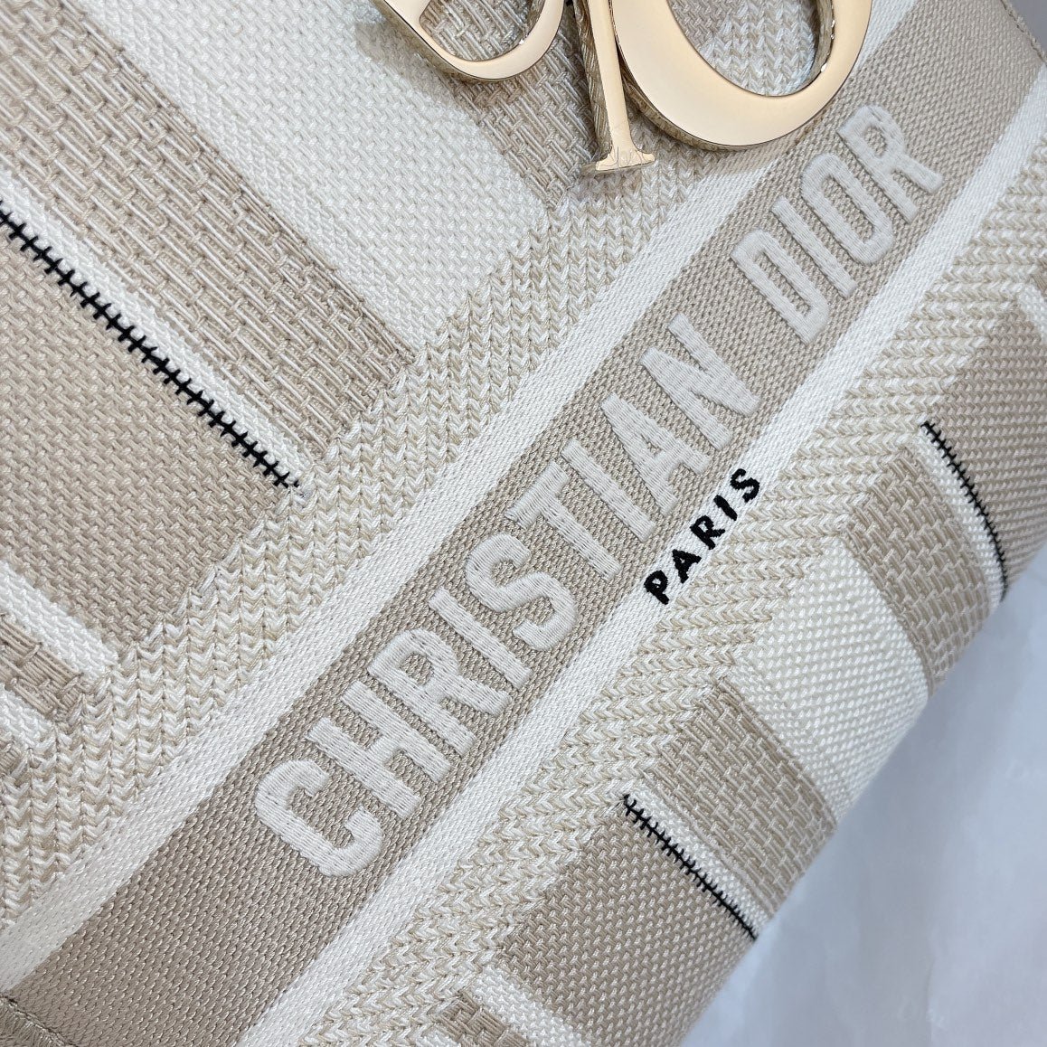 Dior Lady D-Lite Beige Stripes Embroidered Hand Bag - Image 4