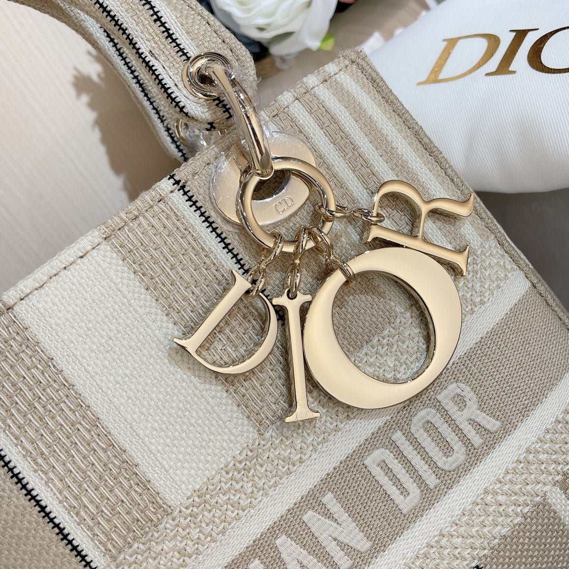Dior Lady D-Lite Beige Stripes Embroidered Hand Bag - Image 5