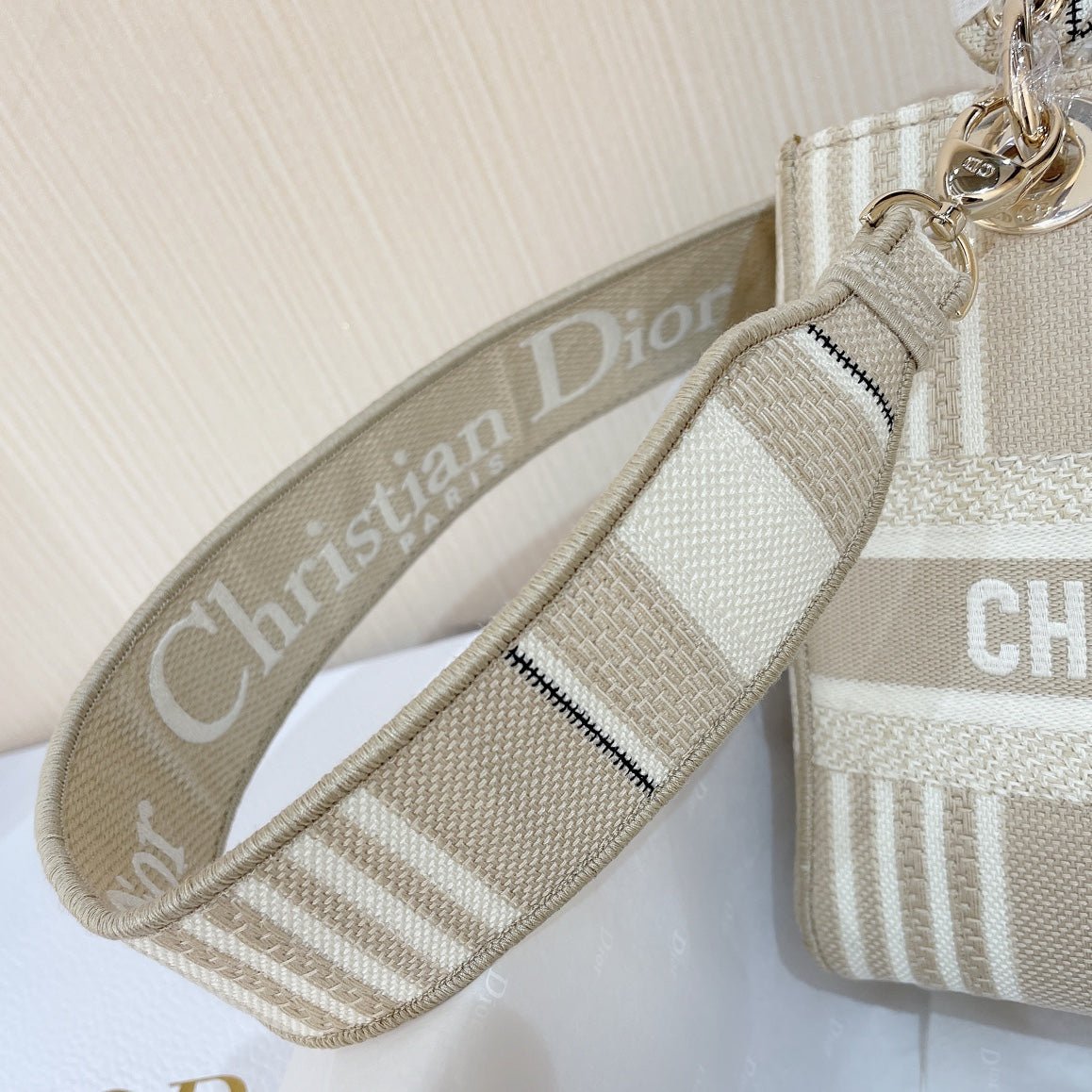 Dior Lady D-Lite Beige Stripes Embroidered Hand Bag - Image 7