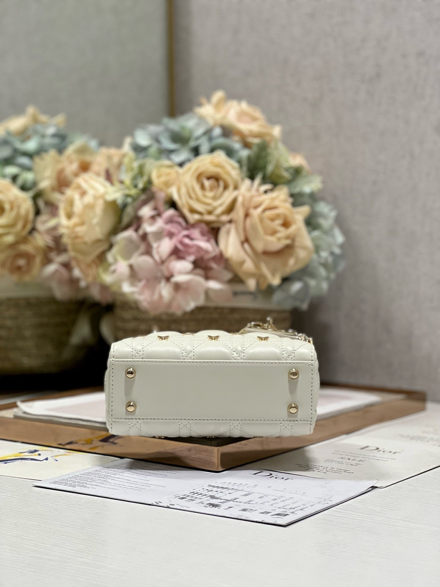Dior Mini Lady Butterfly Stud White Hand Bag - Image 6