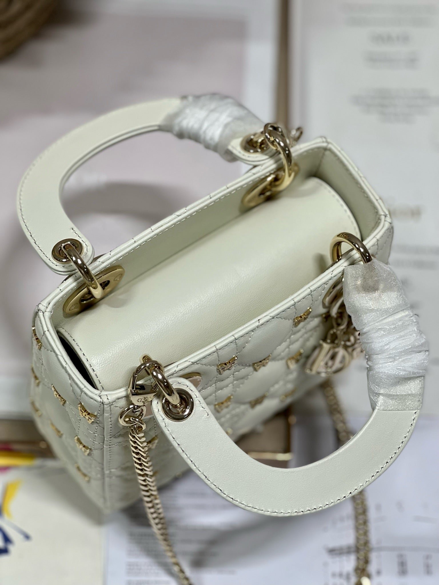 Dior Mini Lady Butterfly Stud White Hand Bag - Image 7
