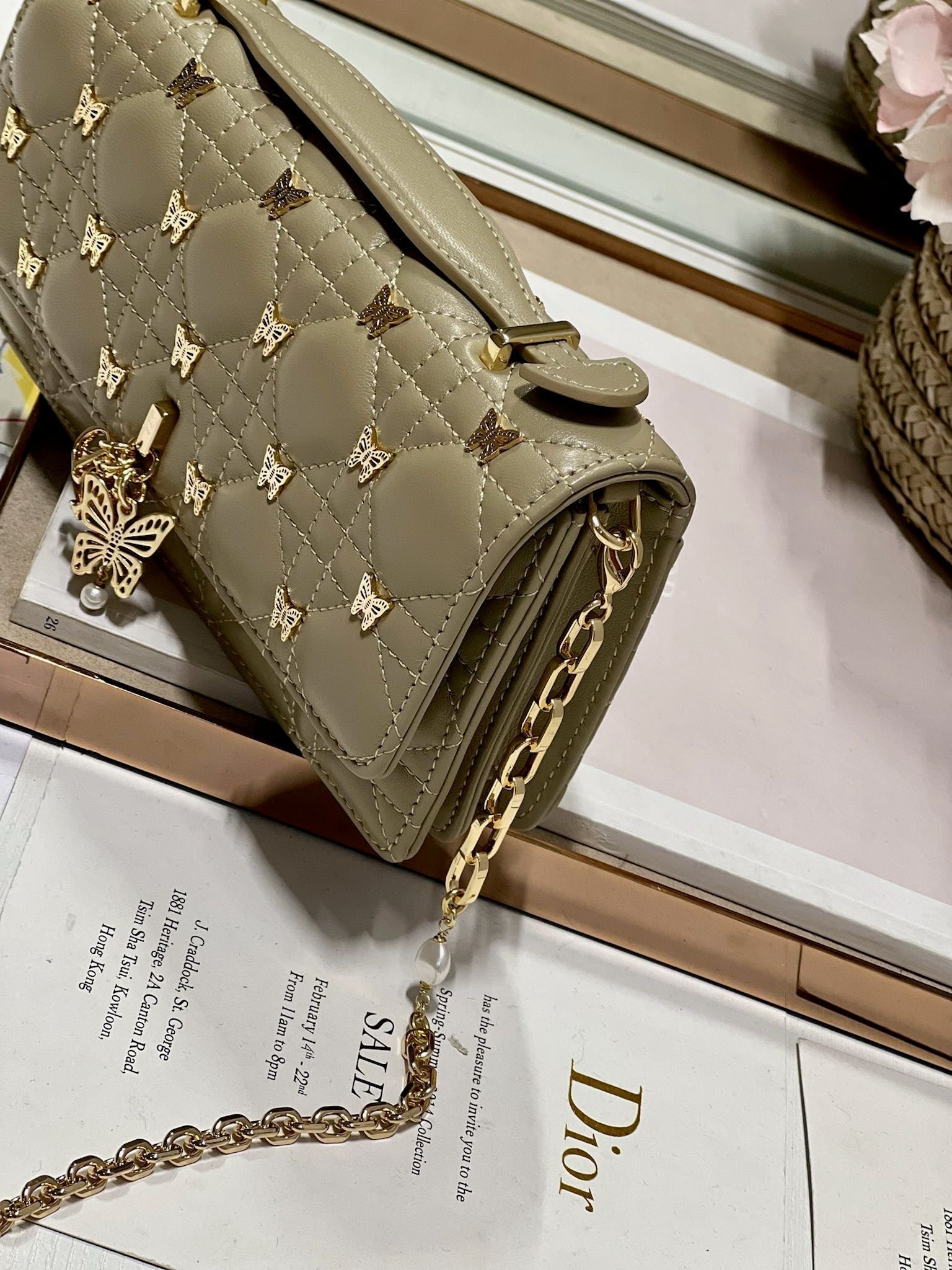 Dior Miss Lady Butterfly Stud Olive Hand Bag - Image 4