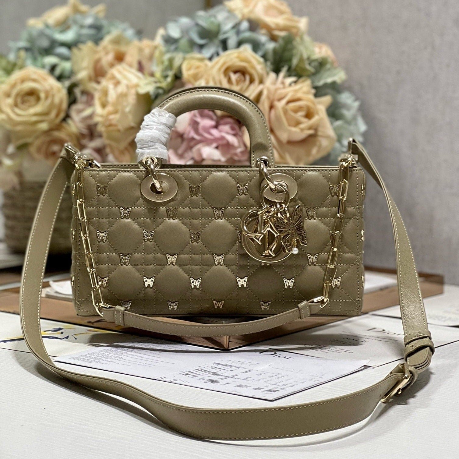 Dior Lady D-Joy Butterfly Stud Olive Hand Bag
