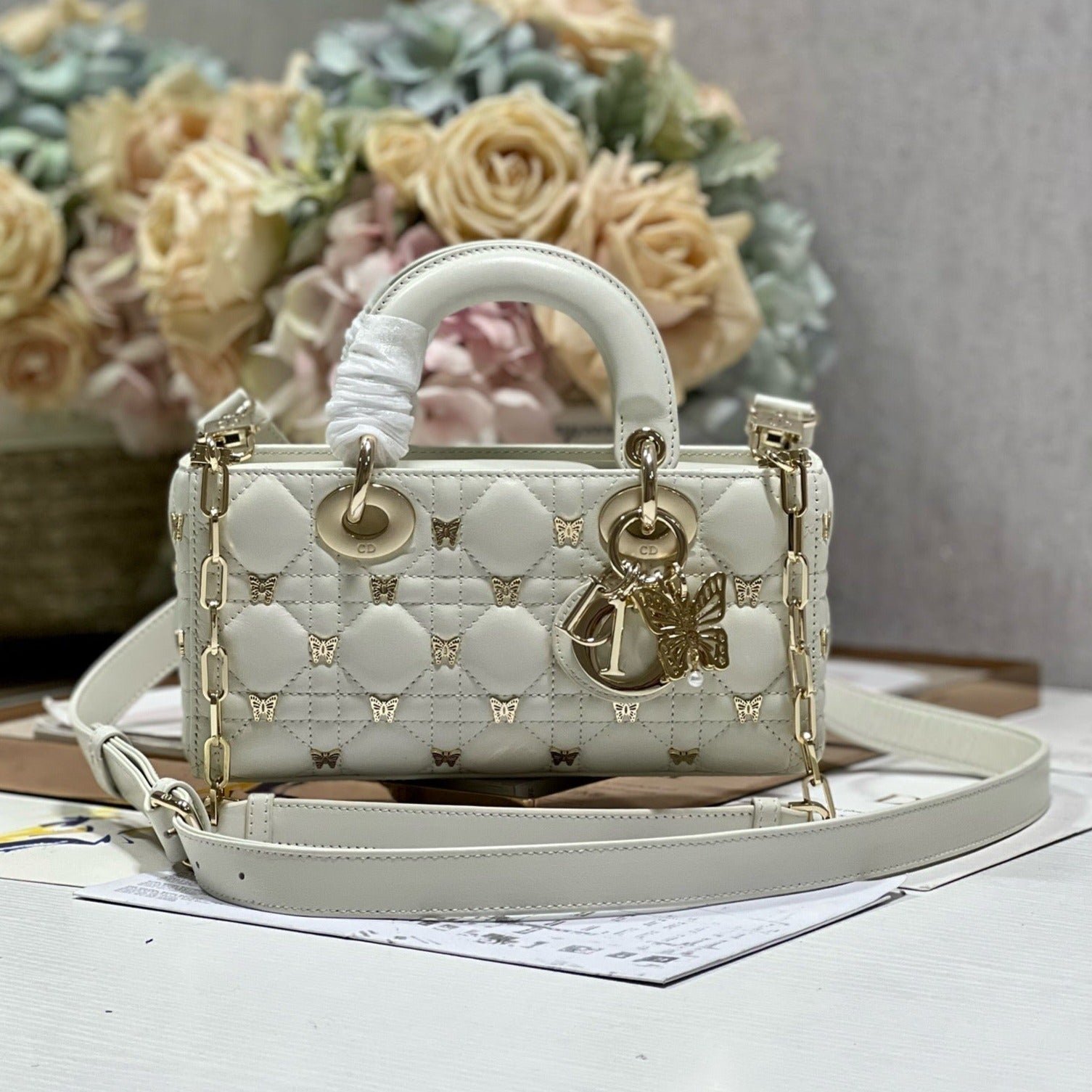 Dior Small Lady D-Joy Butterfly Stud White Bag