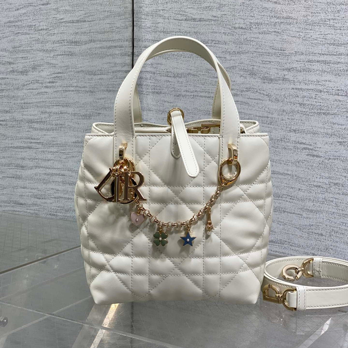 Dior Toujours Vertical Bag White Lambskin with Lucky