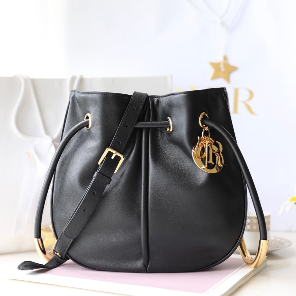 Dior Bucket Medium 28 Bag Black Lambskin Leather