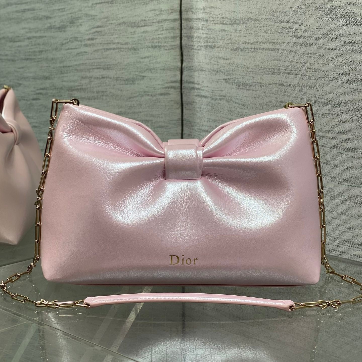 Dior Bow Chain Series Pearlescent Pink Lambskin Bag
