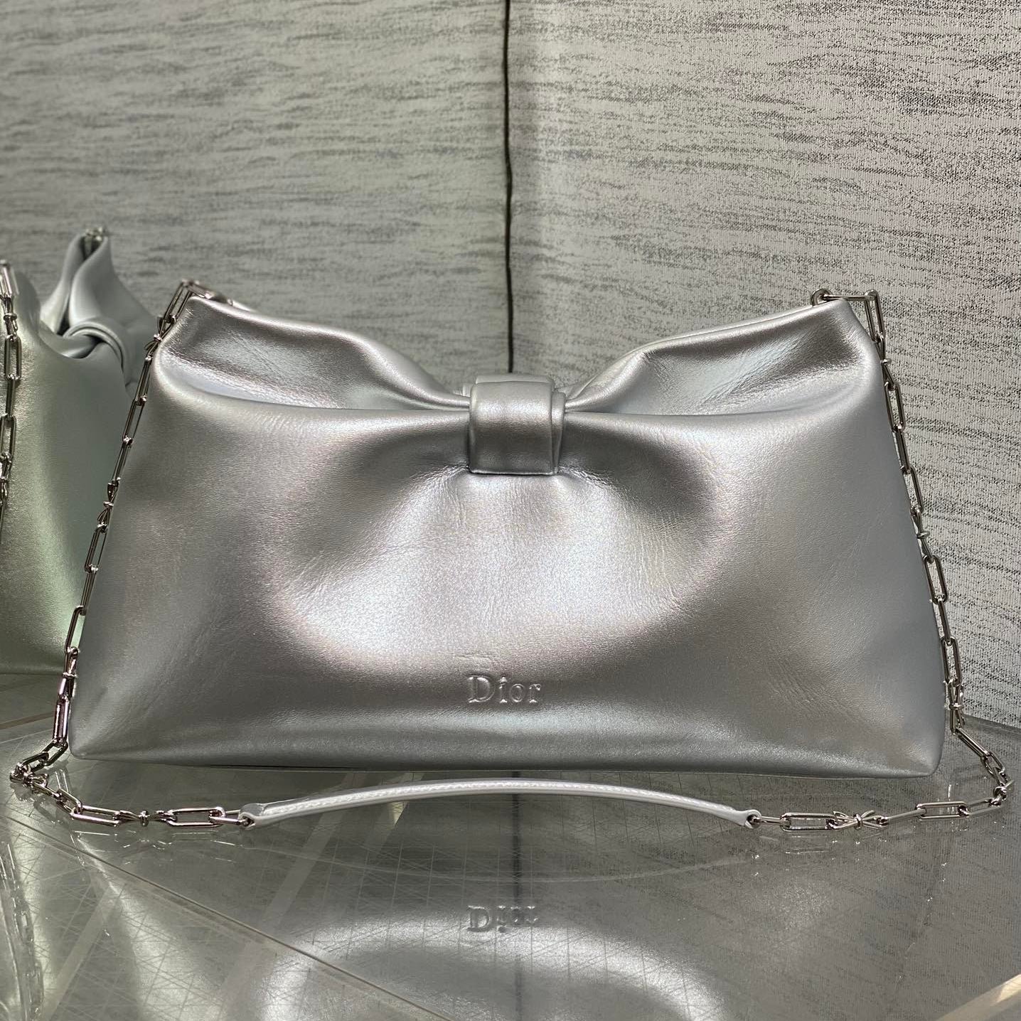 Dior Bow Chain Series Shiny Silver Lambskin Bag