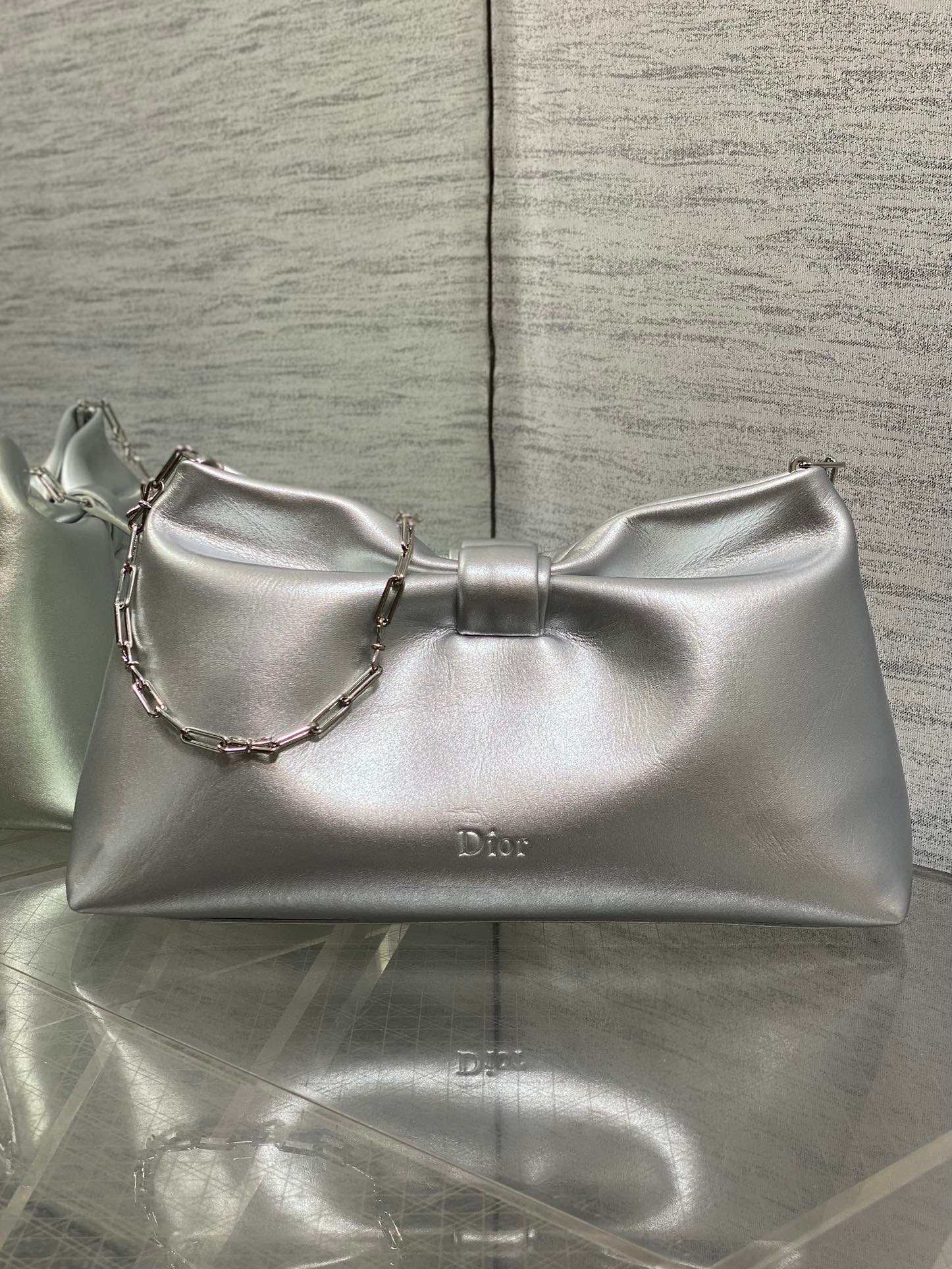 Dior Bow Chain Series Shiny Silver Lambskin Bag - Image 3