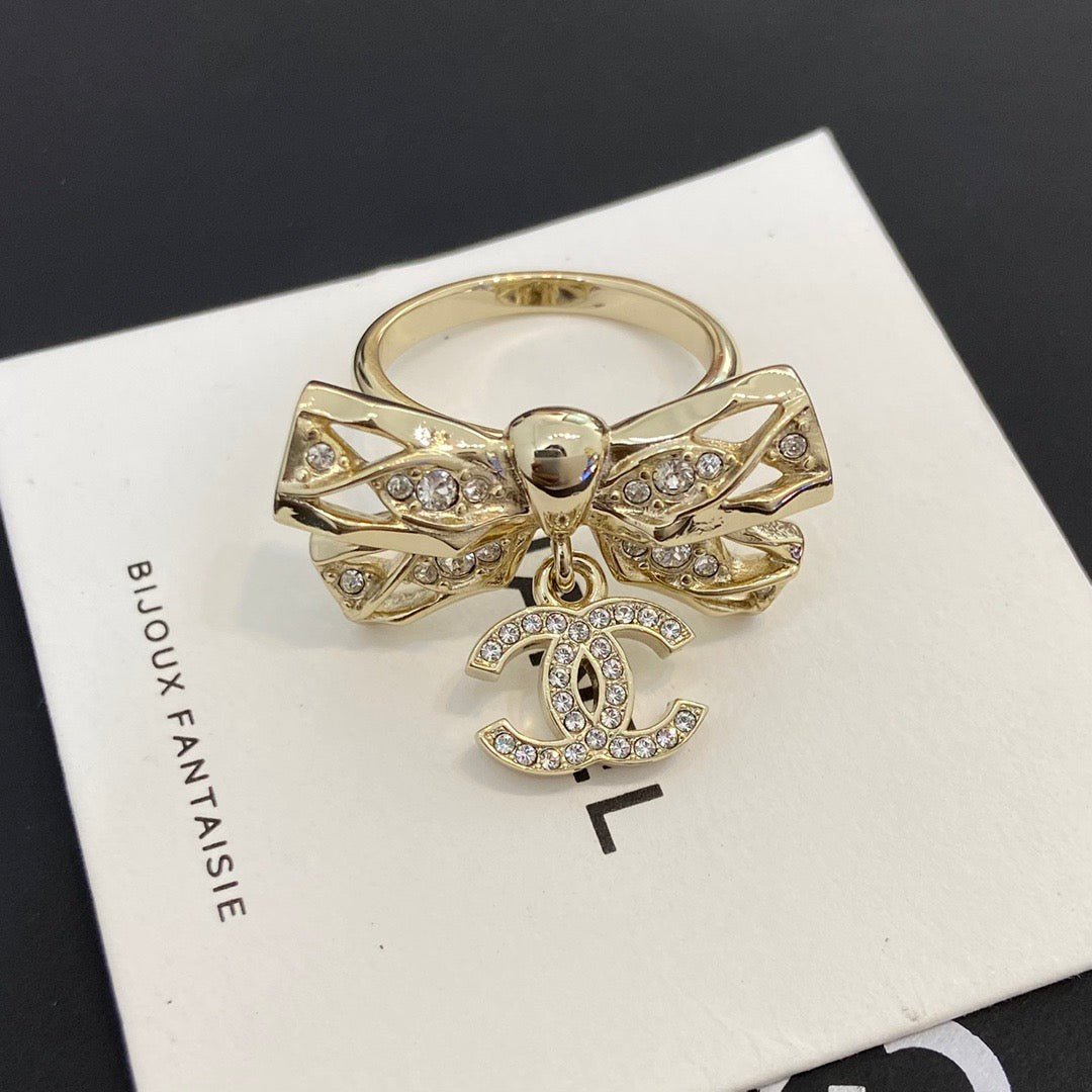 Chanel Gold Hollow Crystal Bow CC Drop Ring - Image 3