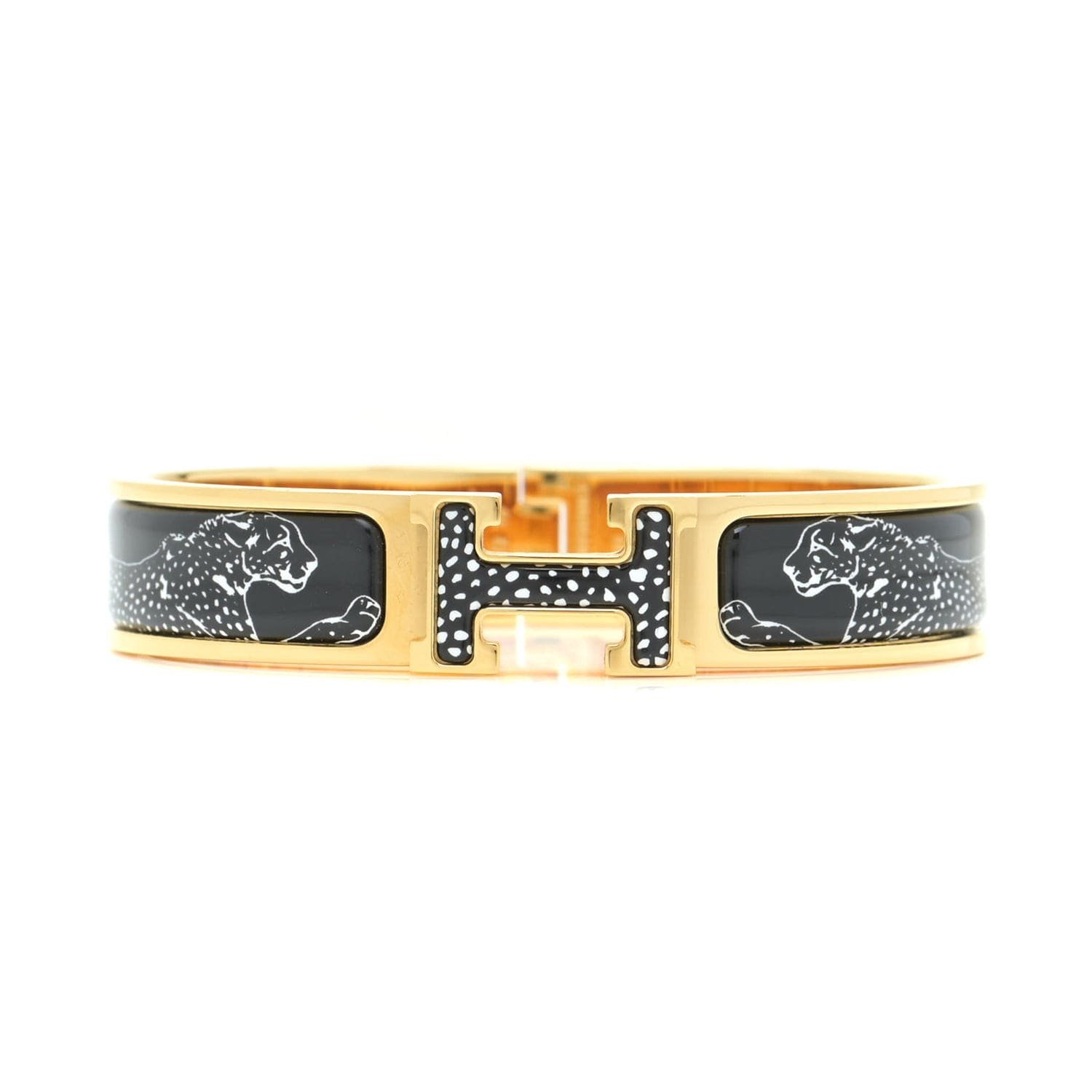 Hermès Clic H Black Enamel & Gold Print Bangle