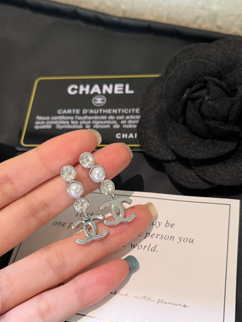 Alternative view of Chanel Two-Tone Crystal Pearl Silver Double C Earrings