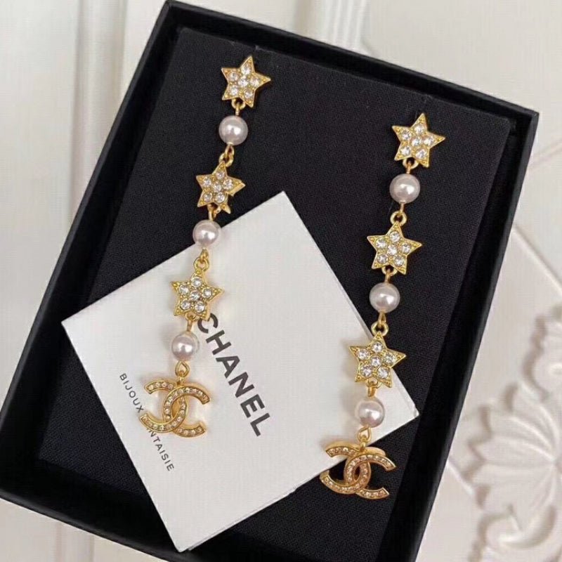 Chanel Star Pearl Long Drop Earrings