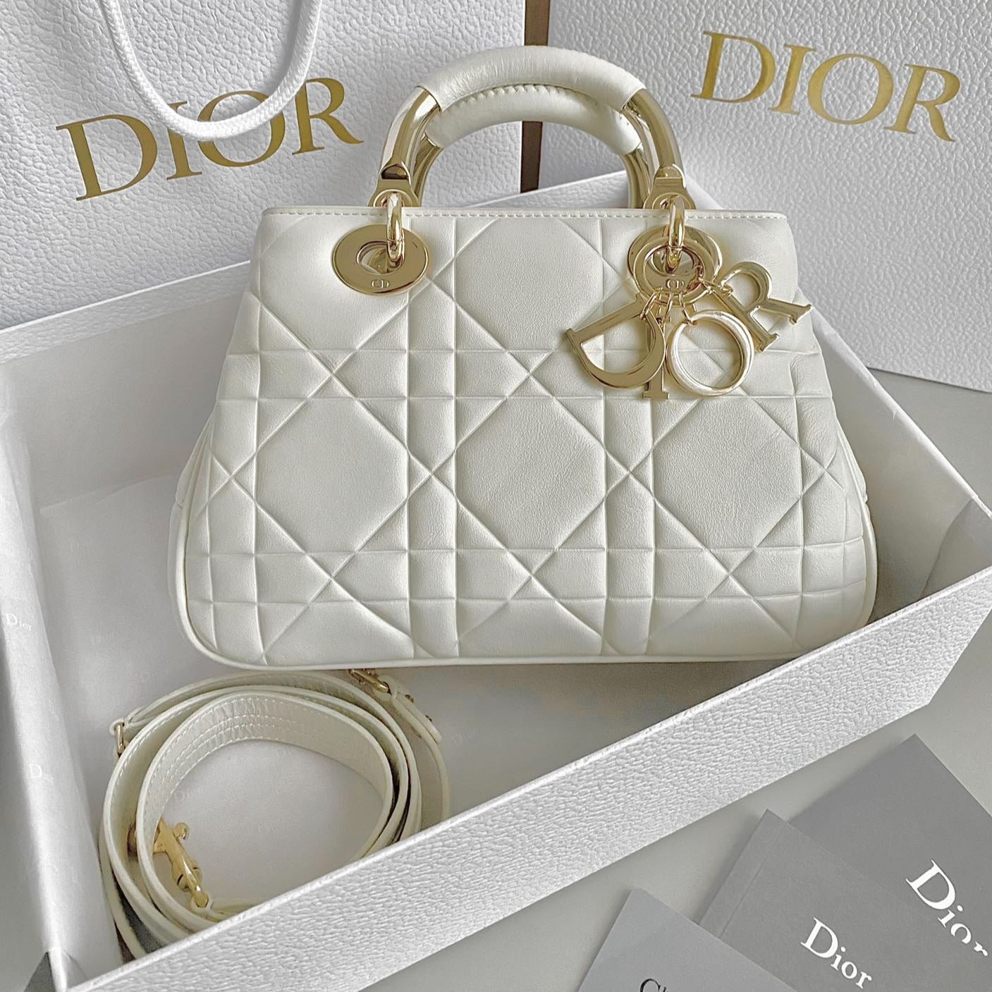 Dior Lady 25 Calfskin Handbag White