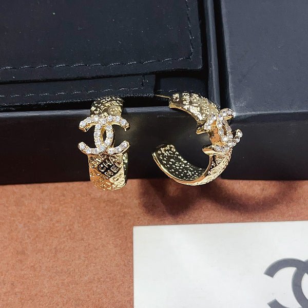 Chanel Textured Rhinestone Double C Hoop Earrings